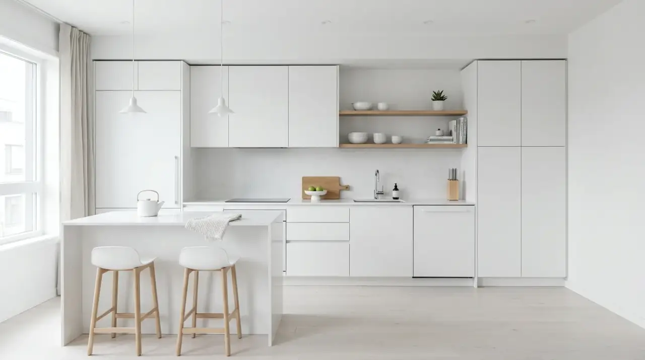 Clear counters Scandinavian kitchen. Minimalist Scandinavian kitchen with intentionally open and tidy countertops.