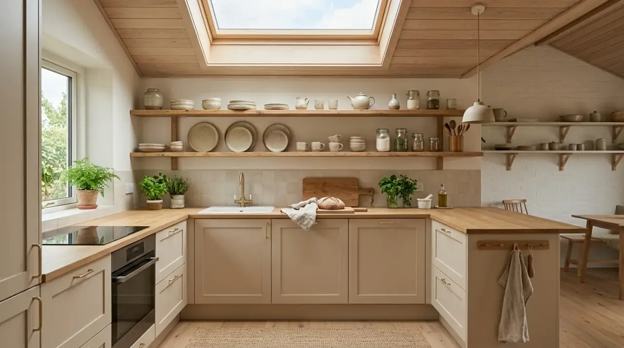Textiles in Scandinavian kitchen. Light Scandinavian kitchen softened with simple textiles and woven details.