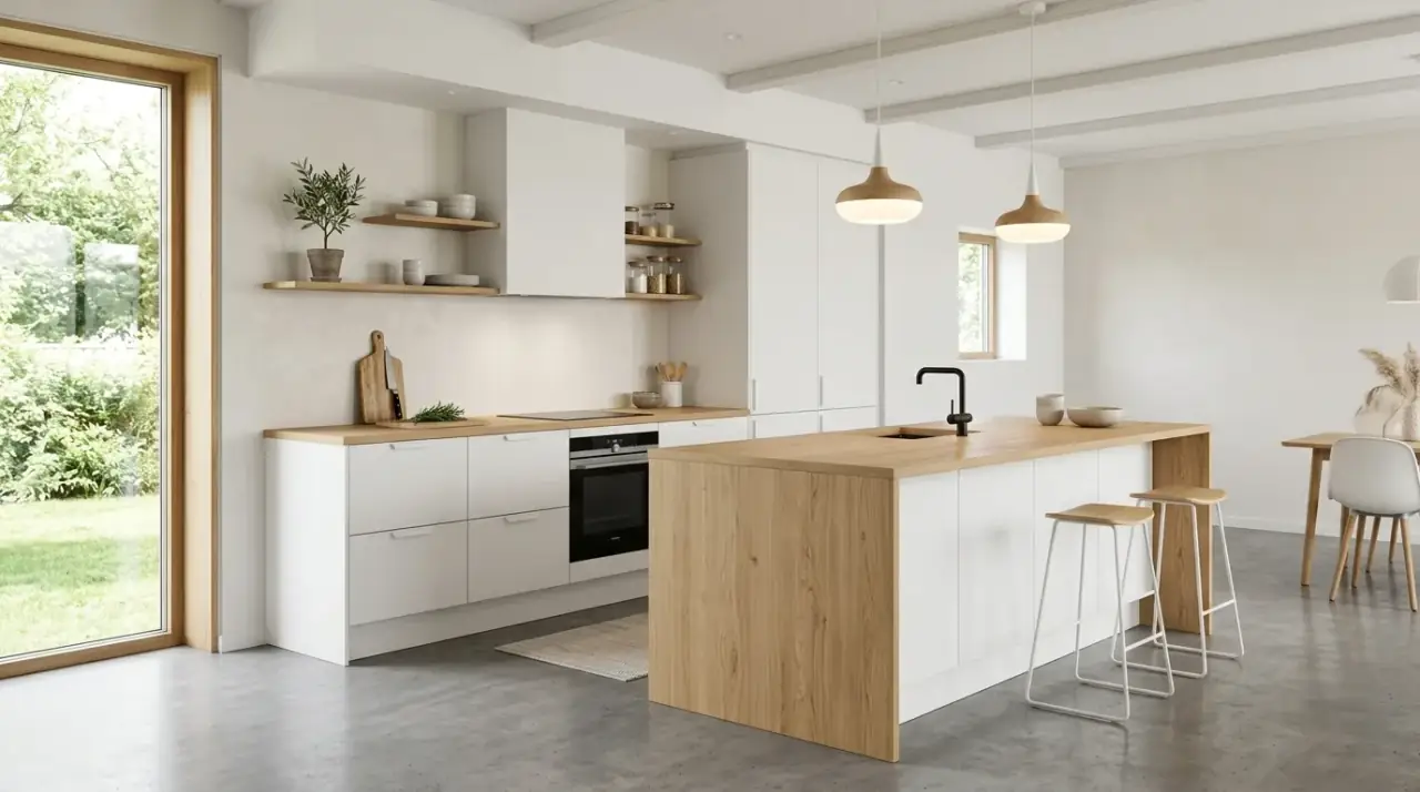 Hidden storage Scandinavian kitchen. Minimalist Scandinavian kitchen with concealed storage and clean cabinet lines.