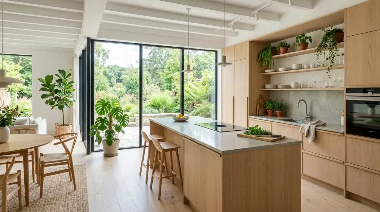 Scandinavian kitchen ceramics. Minimalist Scandinavian kitchen with handmade ceramics and natural accents.