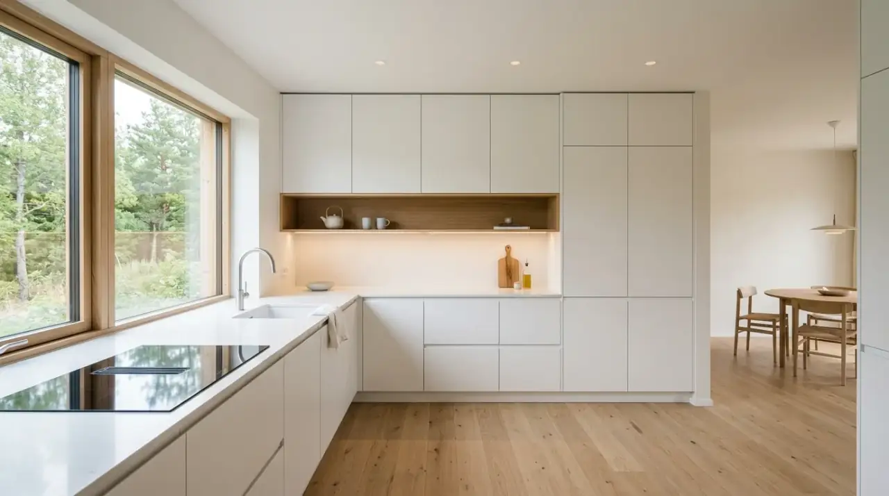 Scandinavian kitchen overview. Light and airy Scandinavian kitchen combining minimalism with warmth and comfort.