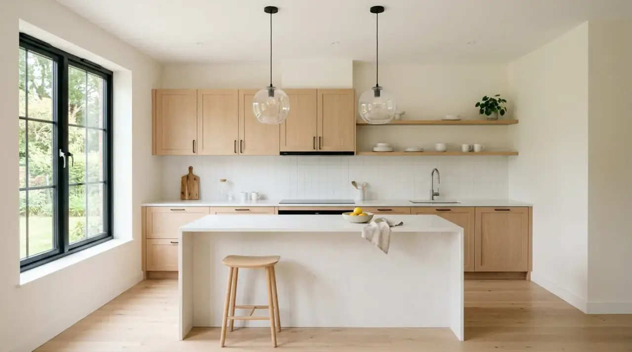 Handleless Scandinavian kitchen. Continuous cabinet lines strengthening a bright minimalist interior.