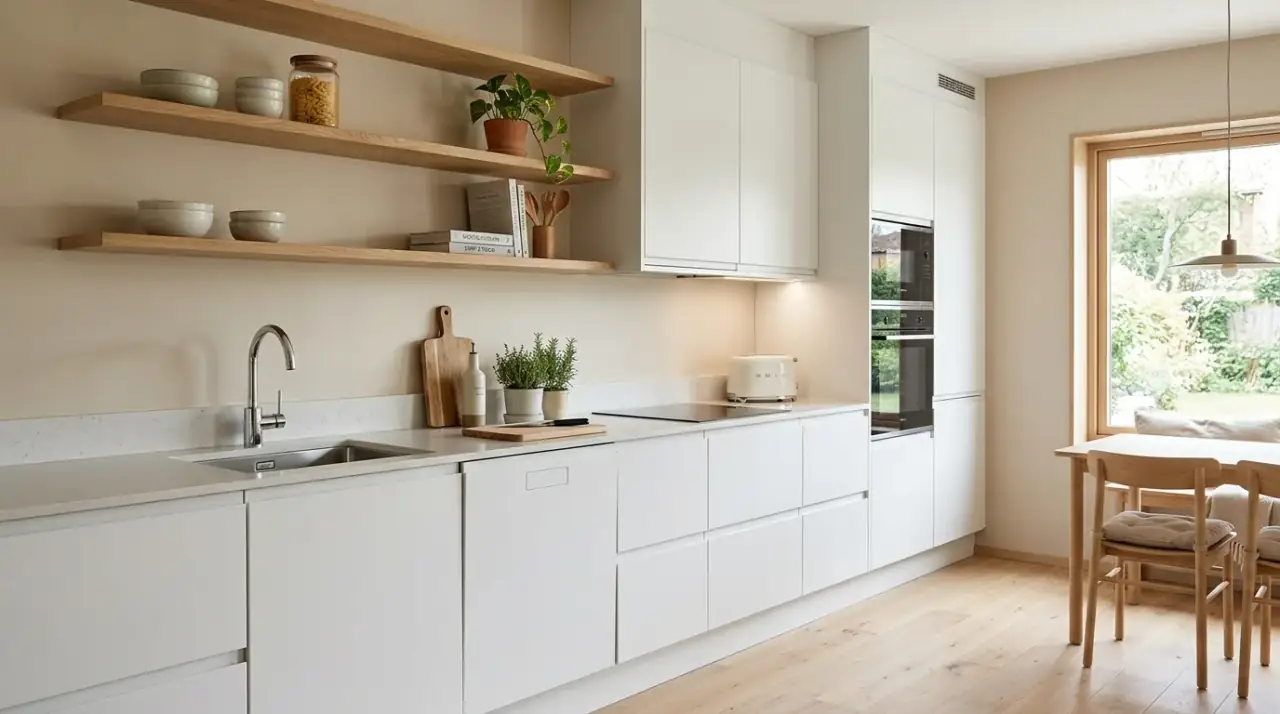 Open shelf Scandinavian kitchen. Light shelving with edited ceramics in a minimalist modern layout.