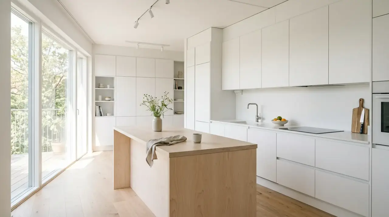 Greige Scandinavian kitchen. Soft neutral cabinetry warming a clean and minimalist kitchen palette.