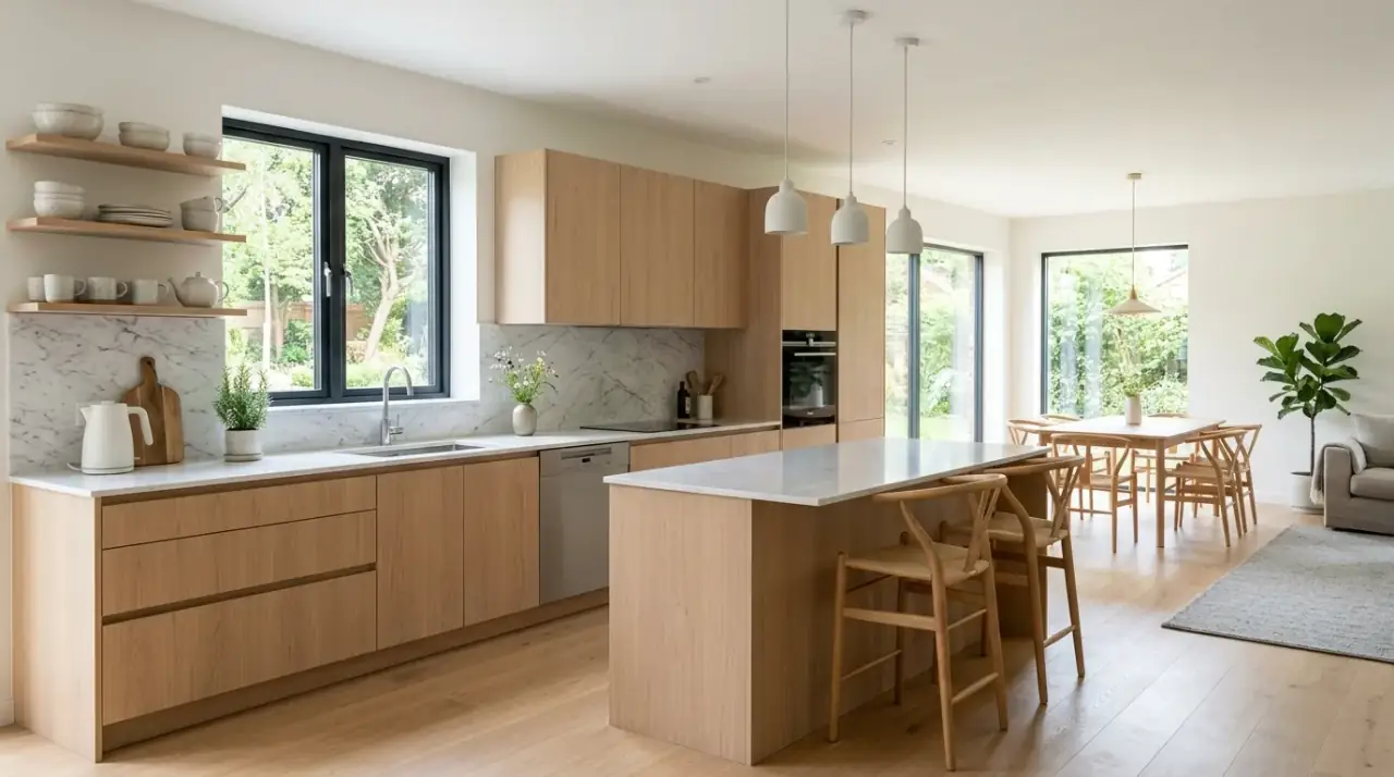 Bright Scandinavian kitchen daylight. Abundant natural light defining a clean and airy minimalist space.
