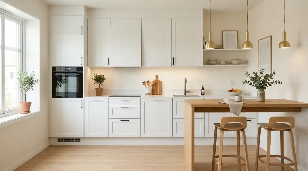 Black accents Scandinavian kitchen. Minimal dark fixtures sharpening a pale and natural kitchen palette.