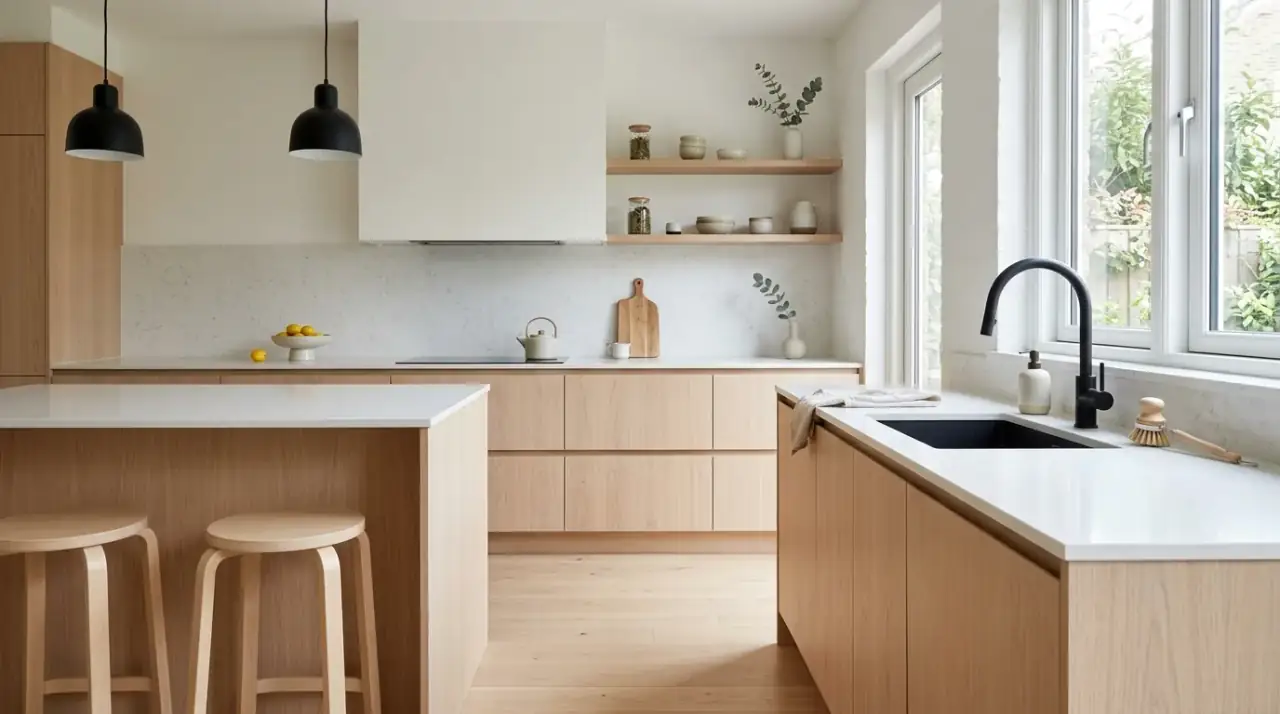 Wood floor Scandinavian kitchen. Natural flooring grounding a pale minimalist kitchen with warmth.