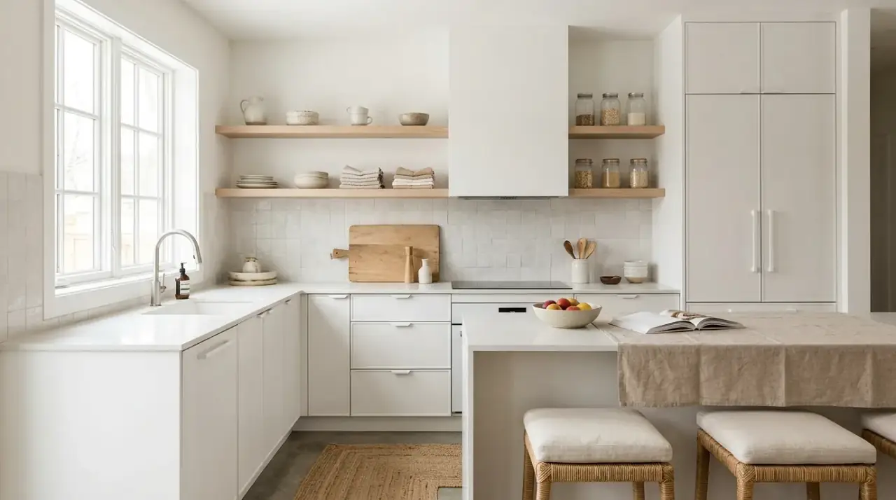 Integrated storage Scandinavian kitchen. Hidden organization preserving calm in a clean modern kitchen.