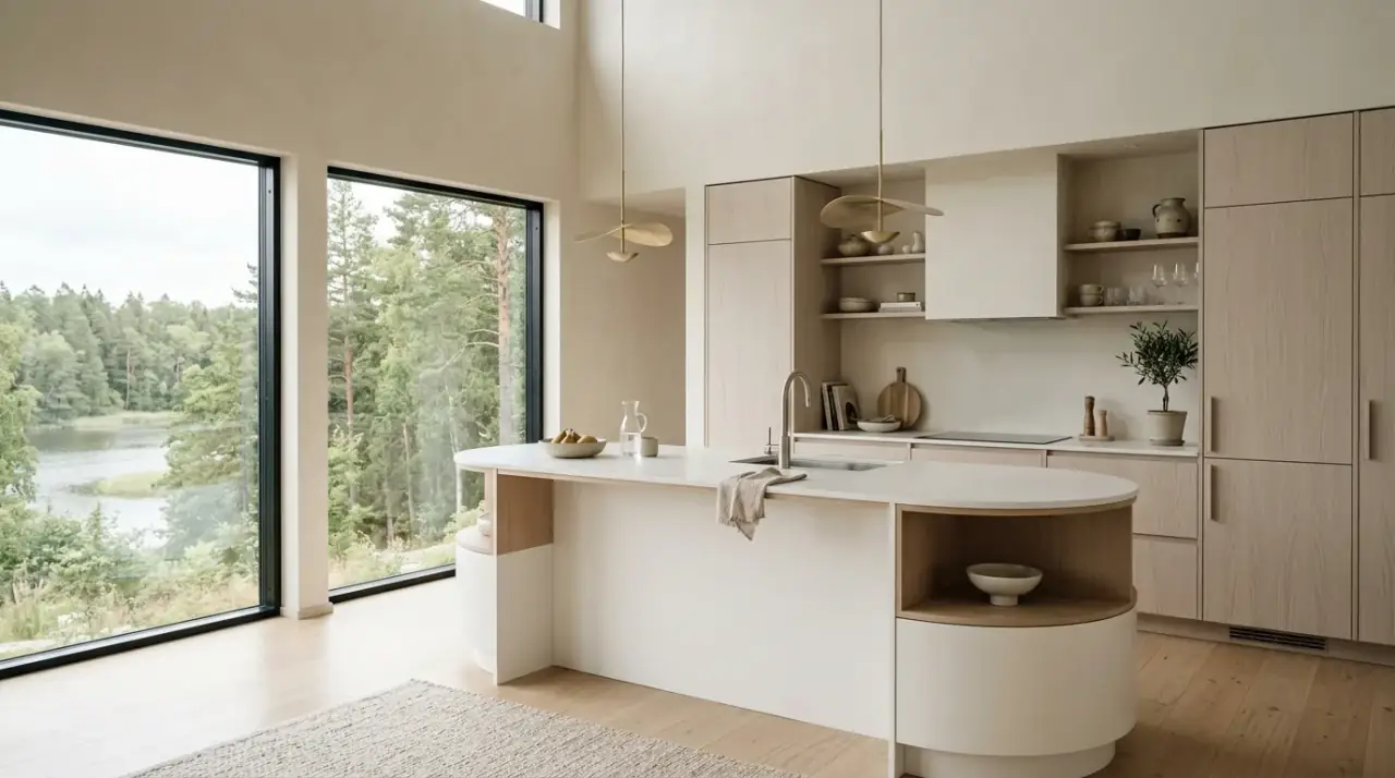 Compact Scandinavian kitchen island. Small central workspace matching a clean and airy kitchen layout.
