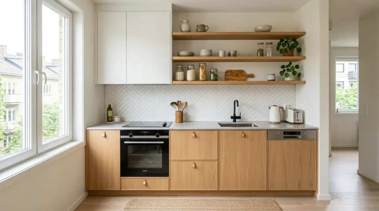 White tile Scandinavian kitchen. Softly varied backsplash brightening a clean modern Nordic kitchen.