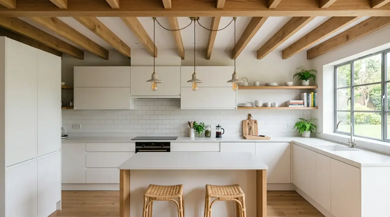 Scandinavian pendant lighting. Organic light shapes softening a minimalist kitchen composition.
