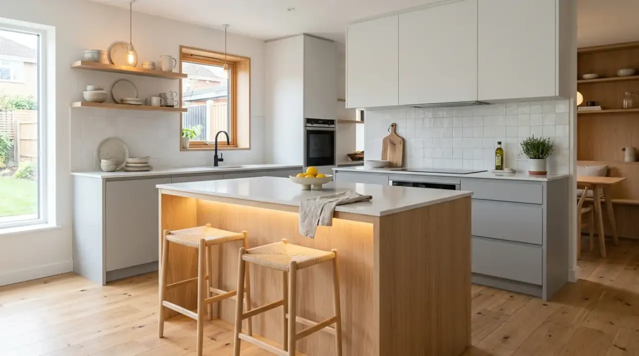 Scandinavian kitchen dining nook. Connected eating area continuing a light and minimal kitchen palette.