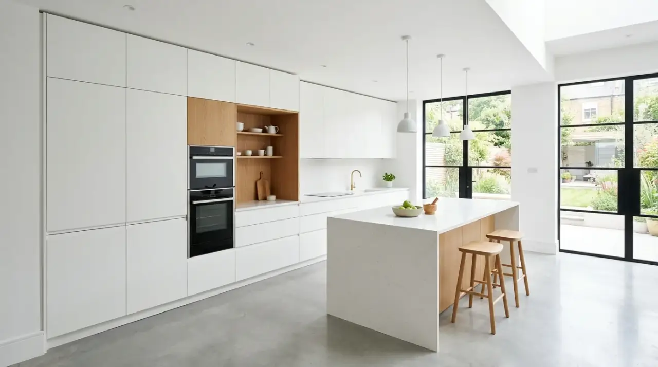 Scandinavian minimalist kitchen overview. Warm clean-lined Nordic kitchen built around light, wood, and calm function.