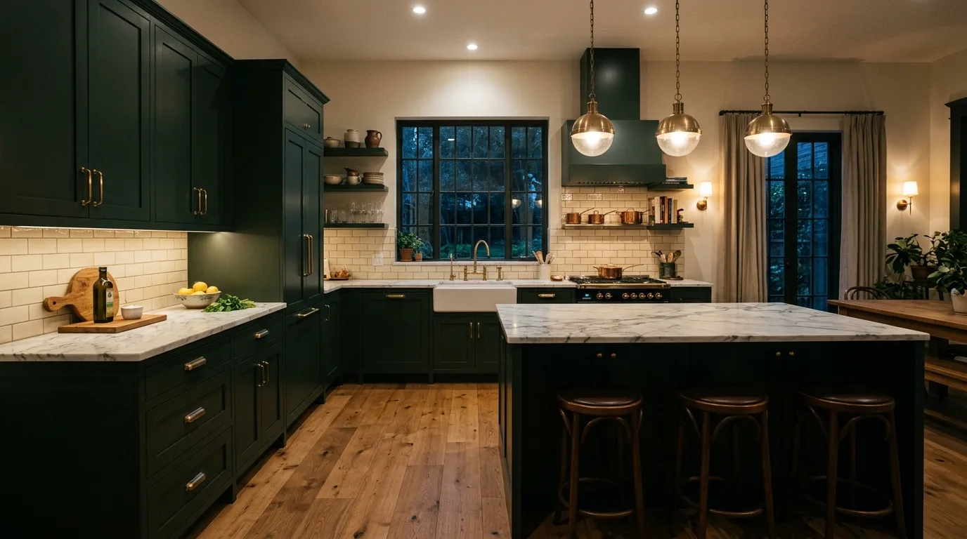 Moody dark green kitchen cabinets with dramatic styling, stone surfaces, and warm layered light.