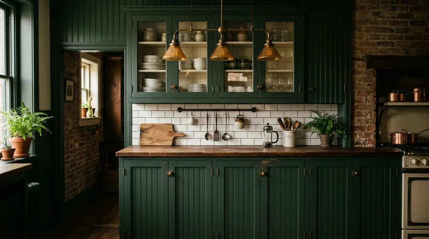 Dark green beadboard kitchen cabinets. Vintage brass hardware, ceramic tile, and farmhouse warmth.