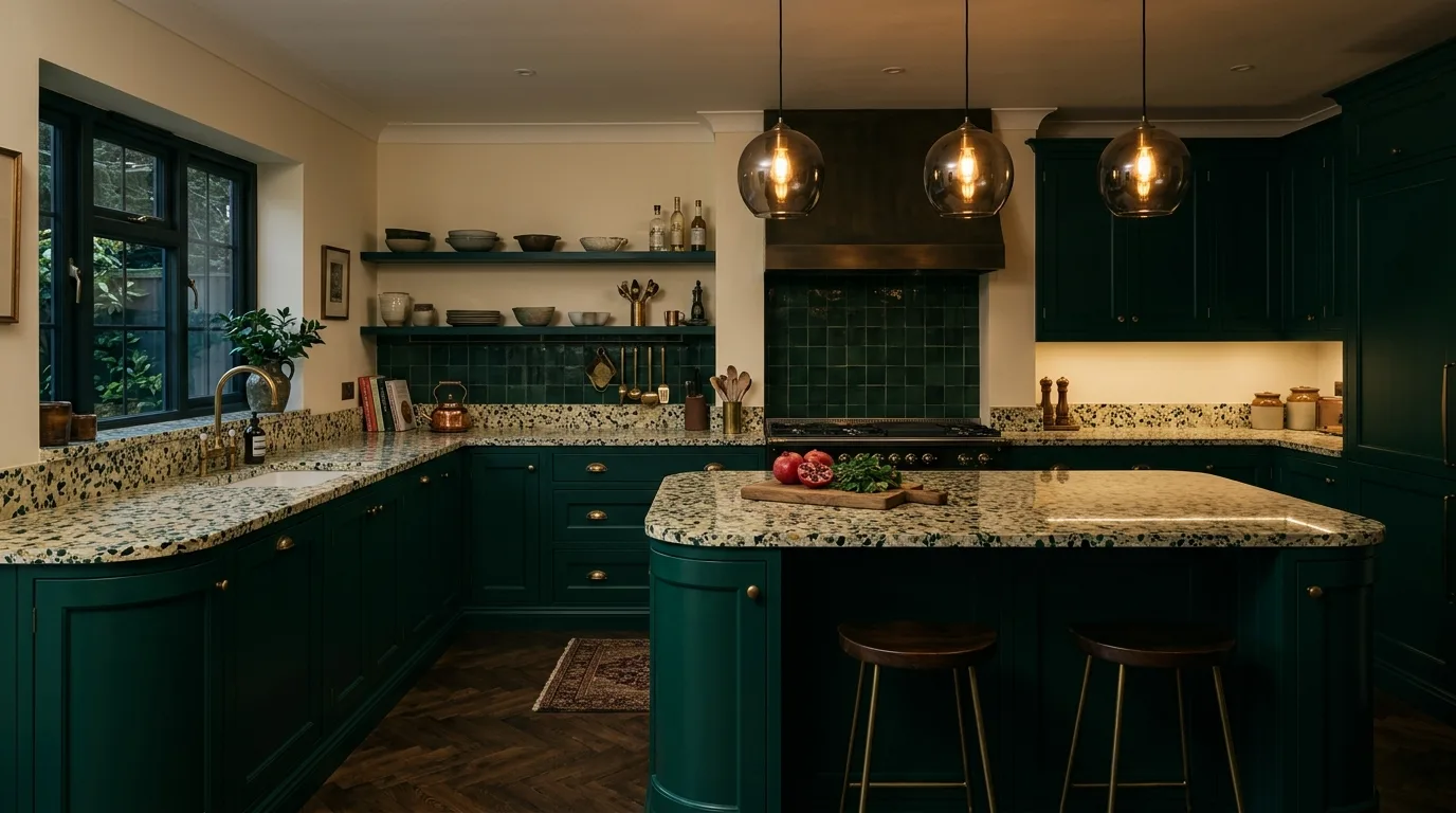 Dark green flat-panel cabinets with walnut accents. Cream stone counters and a moody modern organic feel.
