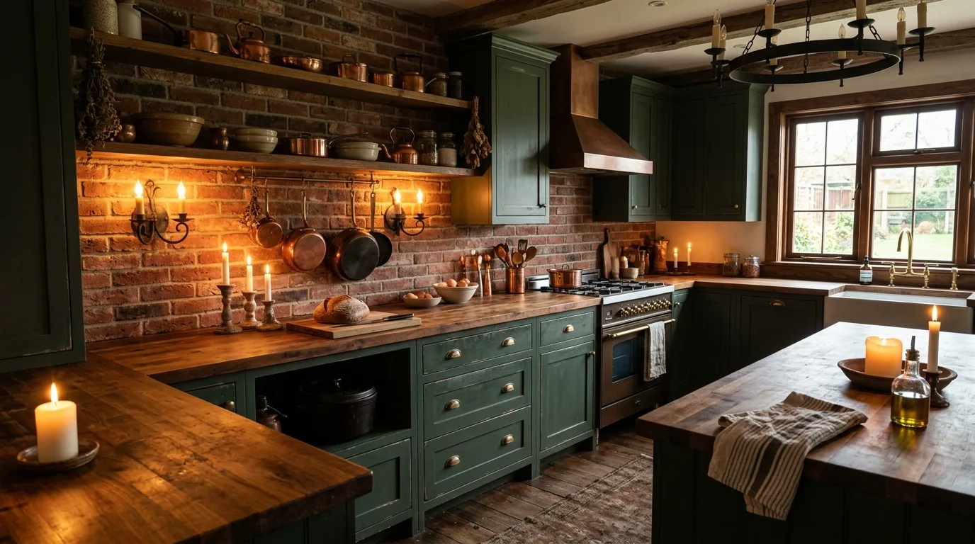 Distressed dark green cabinets with brick backsplash. Rustic texture, aged finishes, and a dramatic farmhouse mood.