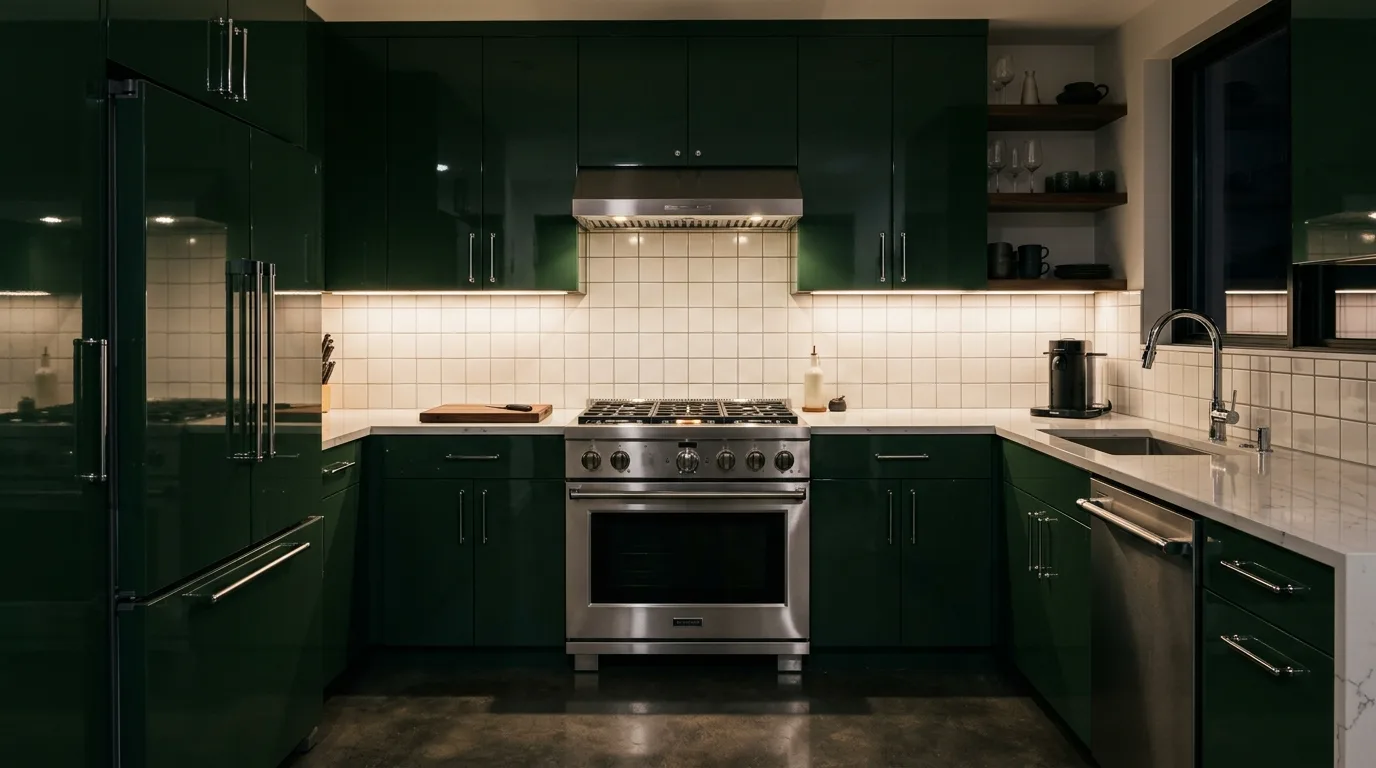 Gloss dark green kitchen cabinets. Chrome accents, white backsplash, and sleek dramatic styling.