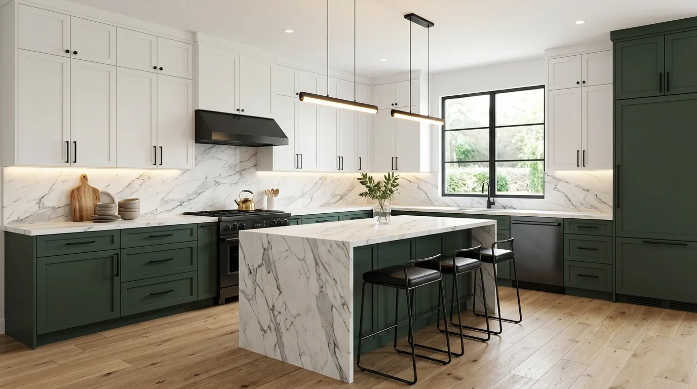 Dark green lower cabinets with light upper cabinets. Balanced contrast and a bright moody kitchen layout.