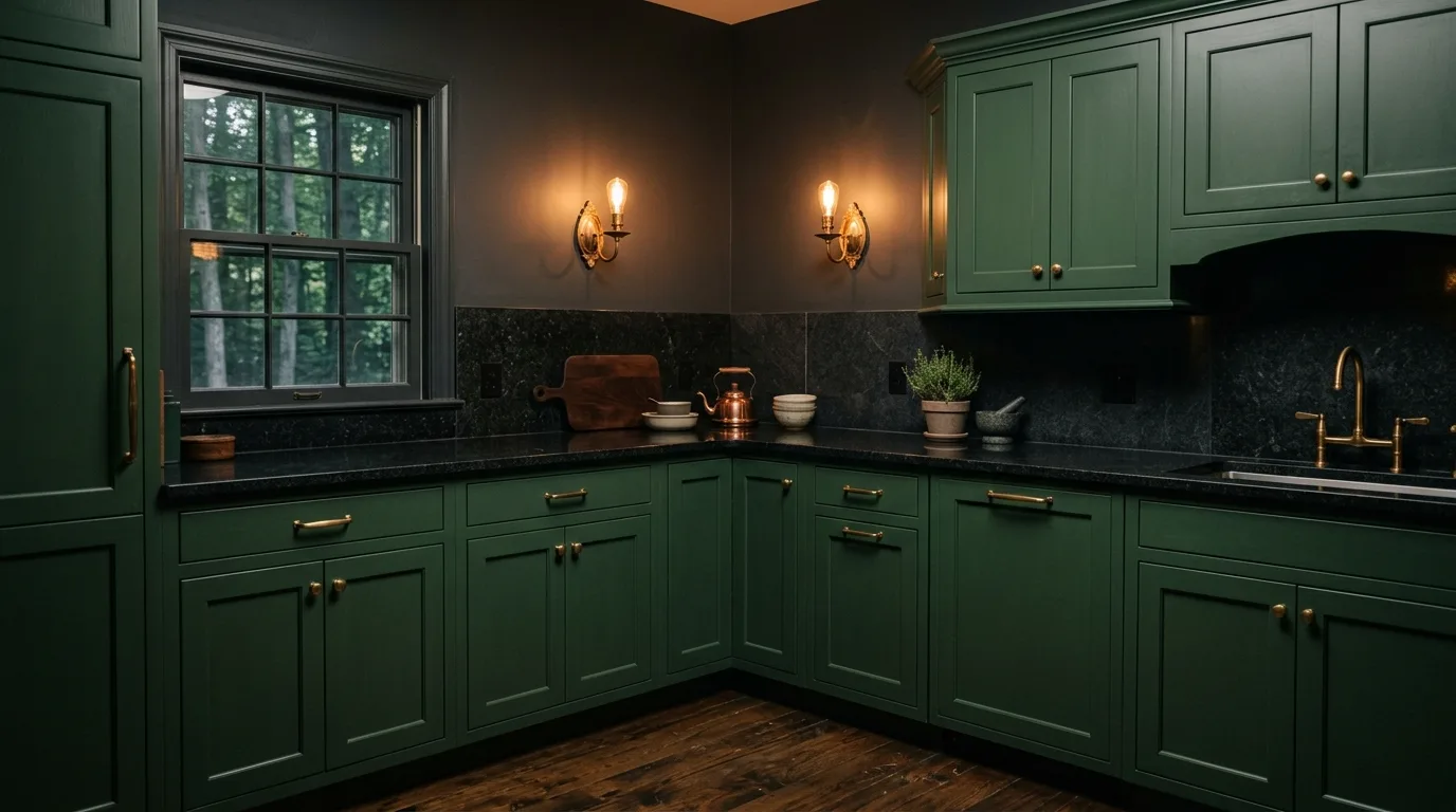Inset dark green cabinets with black stone counters. Tailored cabinetry and deeply dramatic contrast.