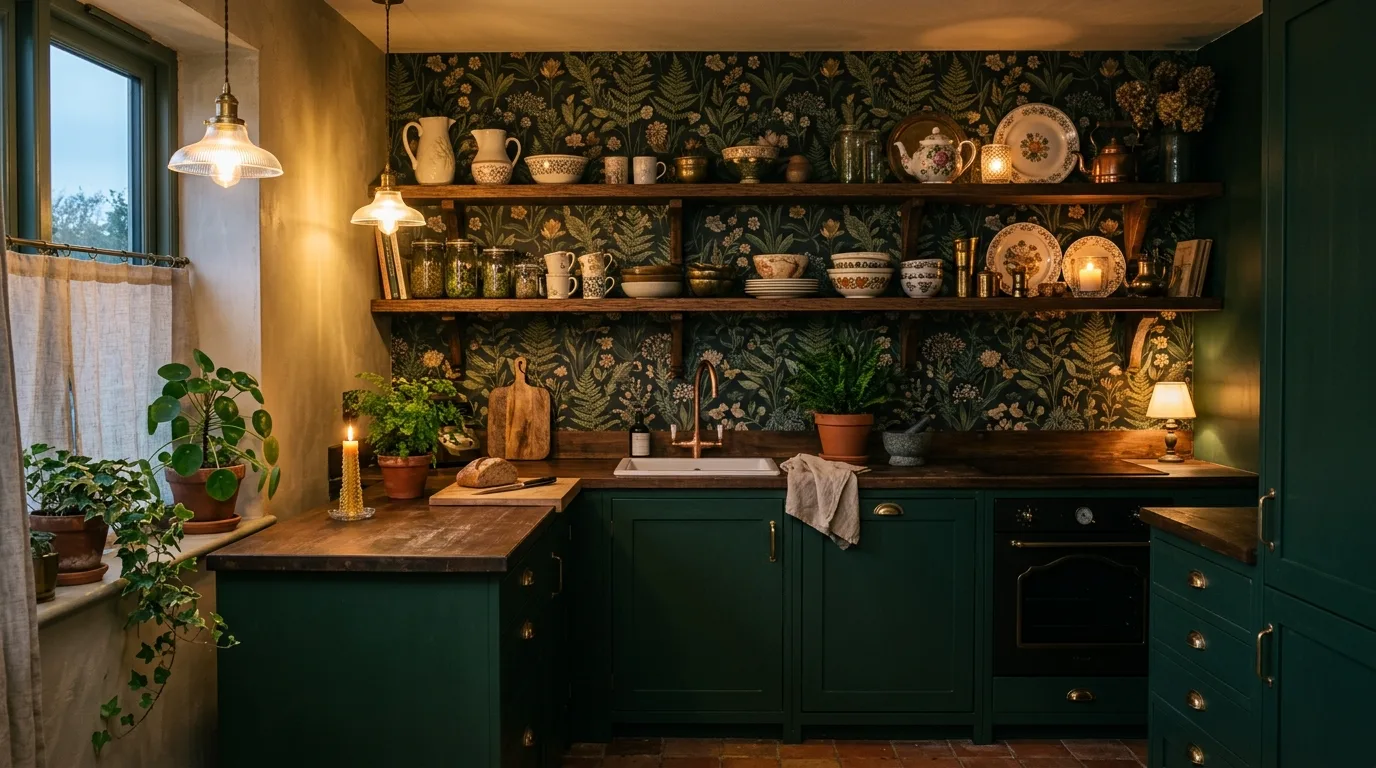 Dark green kitchen with botanical wallpaper. Wood shelving, white tile, and a richly layered moody look.