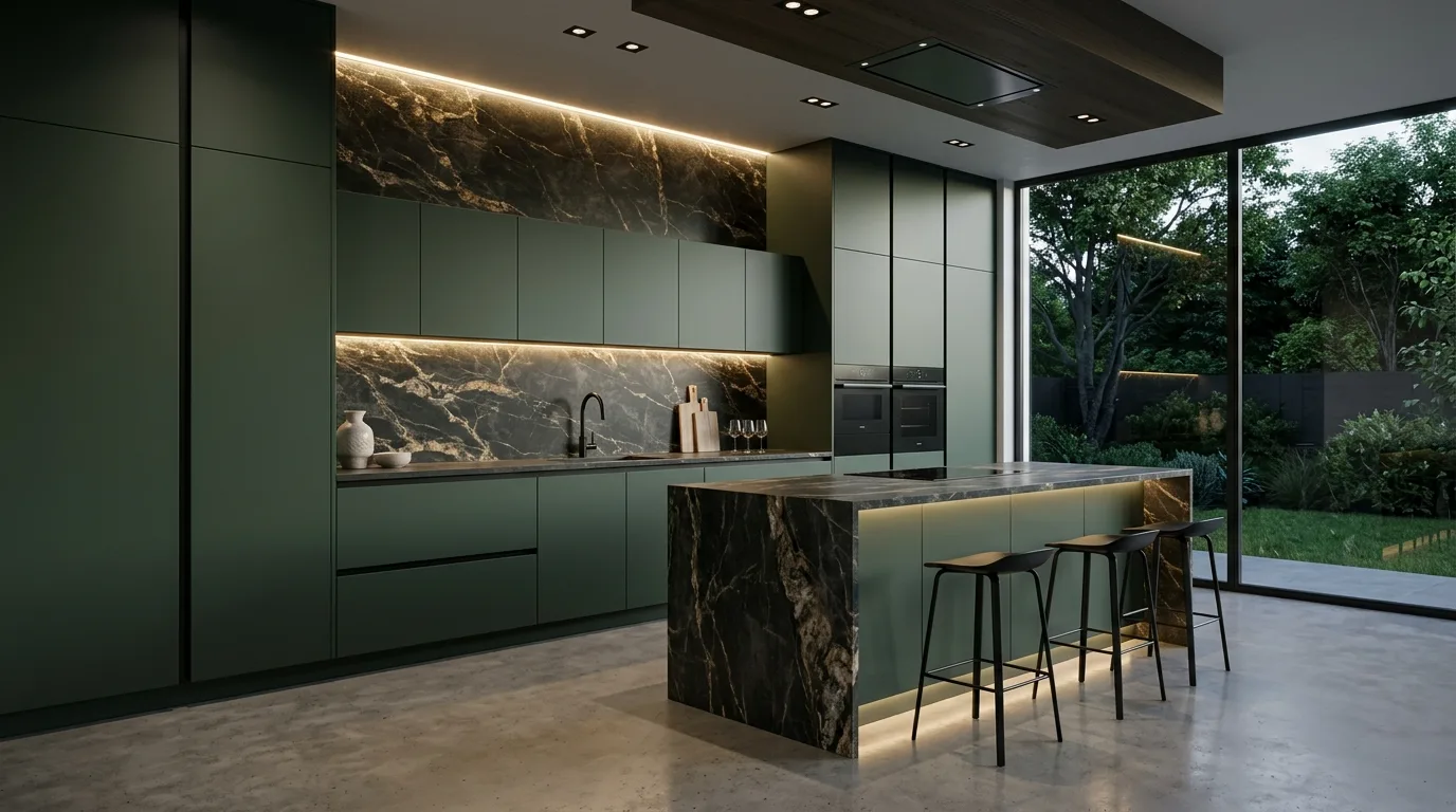 Minimal dark green kitchen cabinets with brass pulls. Clean counters and a refined moody modern palette.