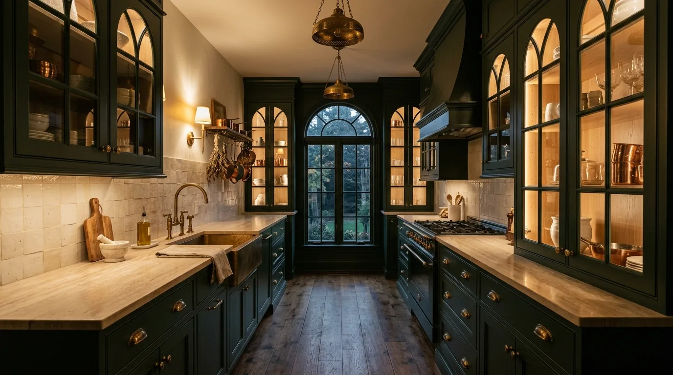 Dark green cabinets with arched doors. Terracotta floors, brass lighting, and a warm dramatic palette.