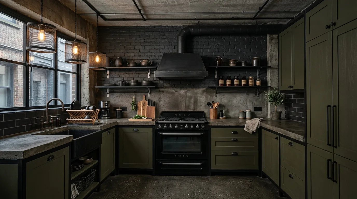 Dark green cabinets with marble waterfall island. Bright stone contrast and a luxurious dramatic look.