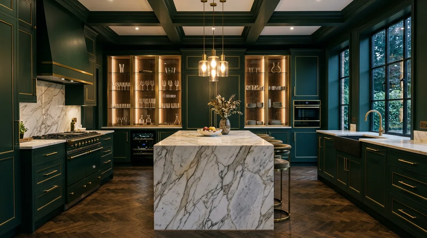 Dark green cabinets with smoked glass pendant lighting. Moody layered light and rich dramatic finishes.
