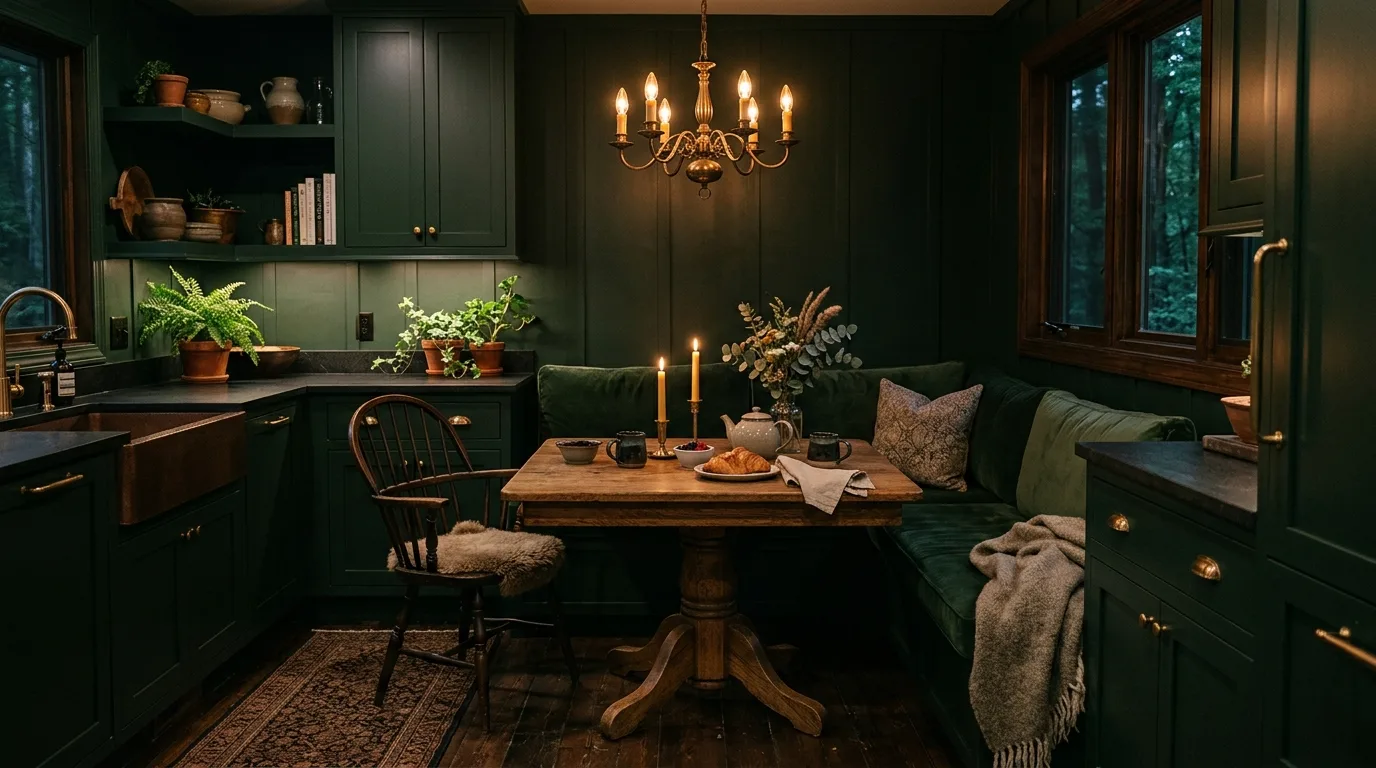 Dark green cabinets around a breakfast nook. Cozy seating, wood accents, and a warm dramatic kitchen mood.