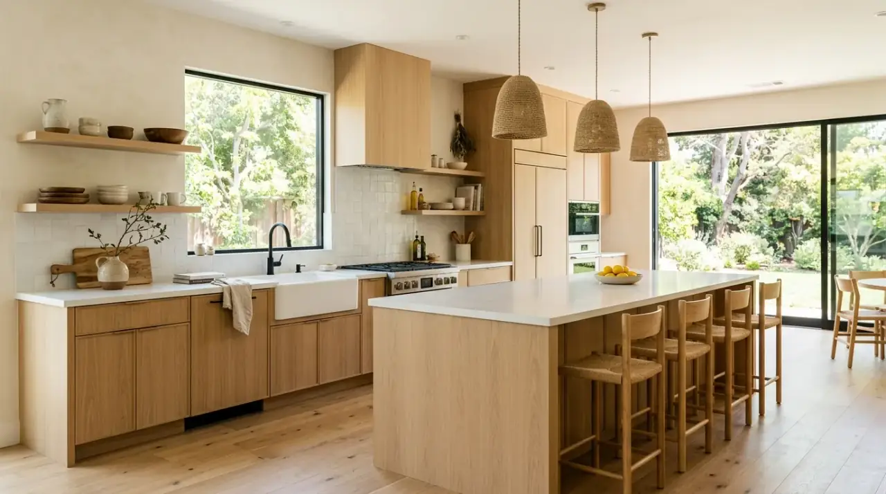 Natural organic modern kitchen design creating a calm earthy cookspace with clean warm materials.