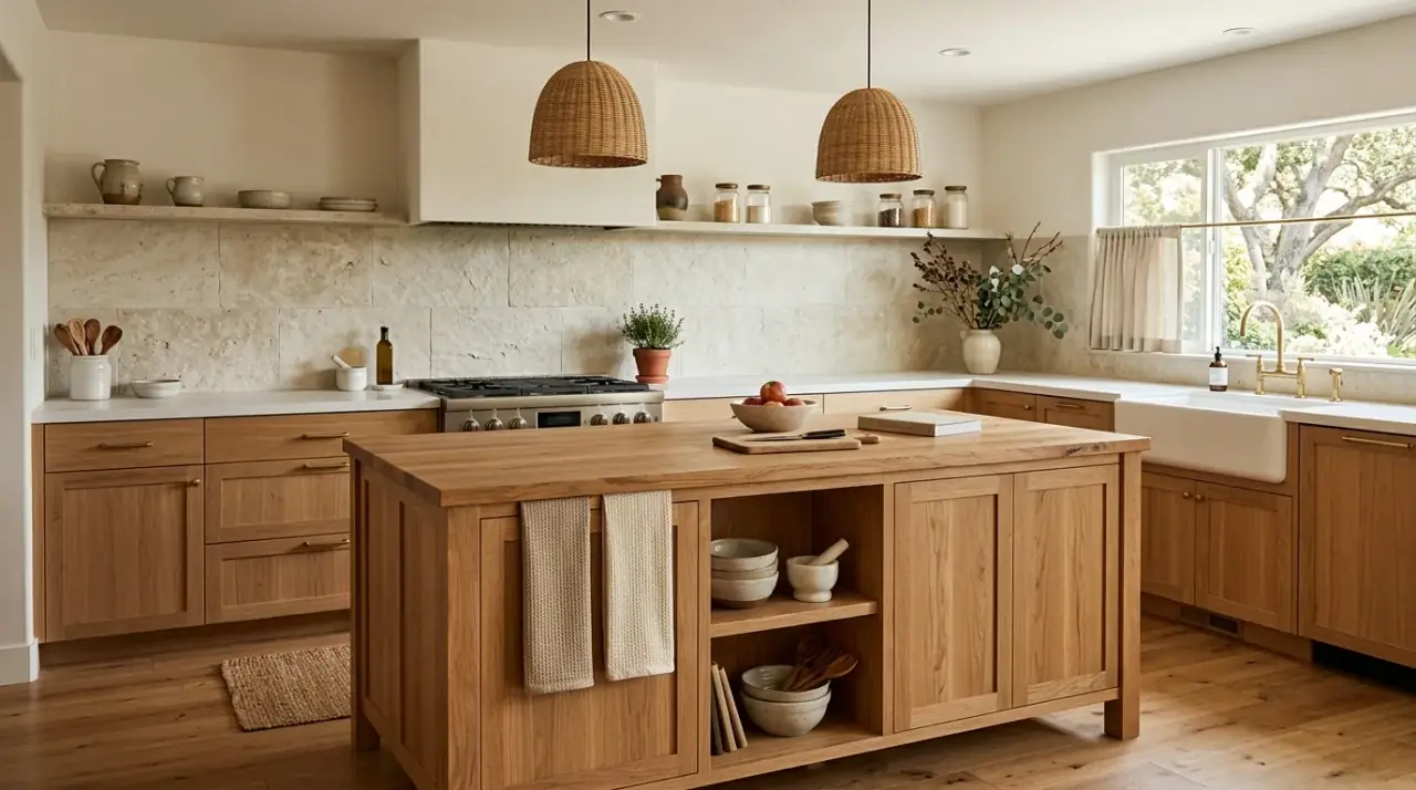 Wood grain organic modern kitchen. Natural organic modern kitchen with visible wood grain and warmth.