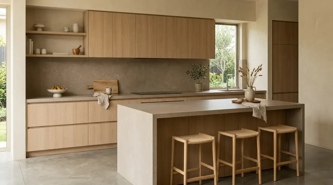 Organic modern cabinets. Calm earthy cookspace with clean simple organic modern cabinetry.