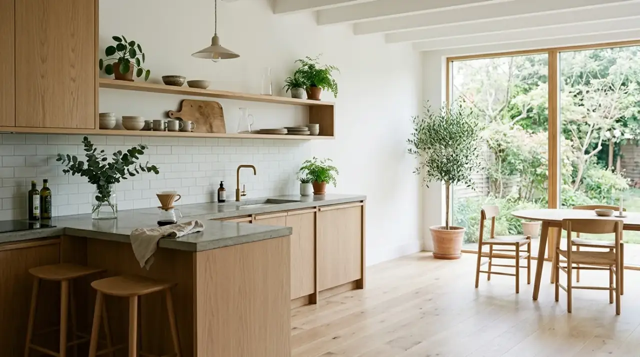 Stone in organic modern kitchen. Organic modern kitchen using subtle stone for calm earthy depth.