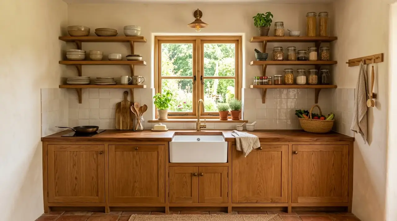 Open shelves organic modern kitchen. Natural modern kitchen with lightly styled open shelving.
