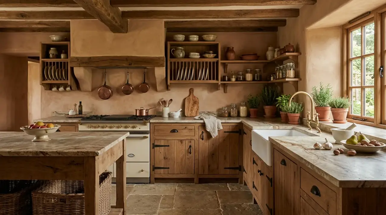Dark metal organic modern kitchen. Calm earthy kitchen with restrained black or bronze accents.