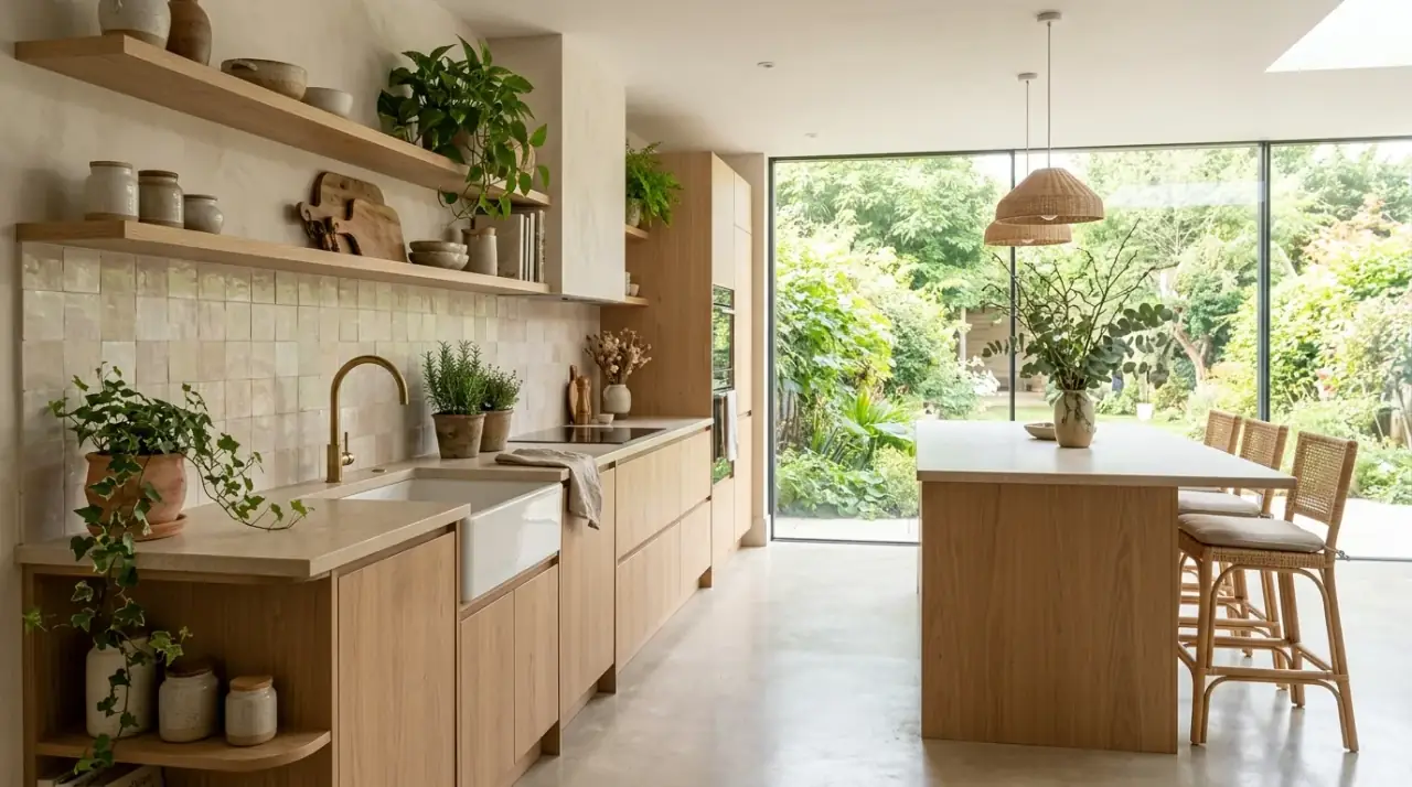Linen organic modern kitchen. Earthy modern kitchen softened with linen and woven textures.