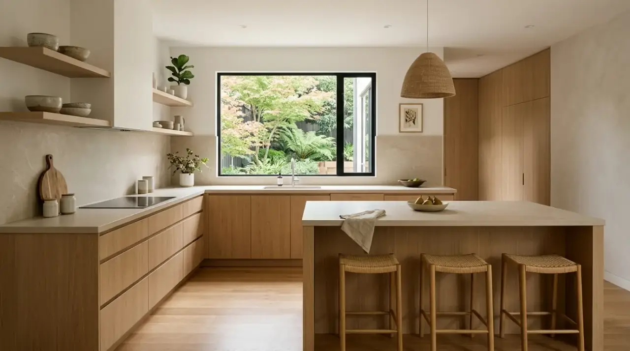 Clear counters organic modern kitchen. Calm earthy cookspace with clear countertops and visible materials.