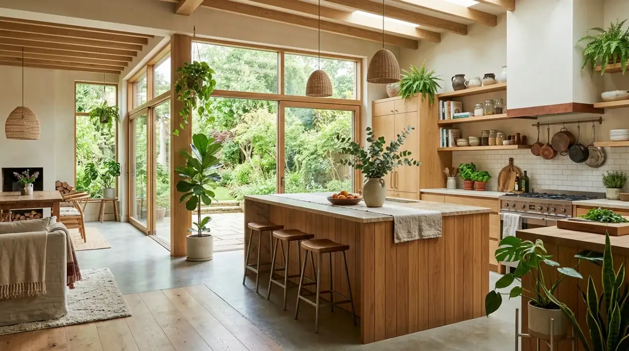 Curves in organic modern kitchen. Natural organic modern kitchen with softened curved design details.