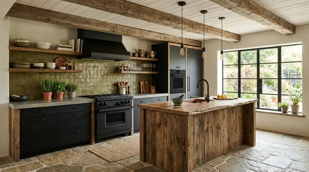 Plants in organic modern kitchen. Calm earthy kitchen with natural greenery and organic styling.
