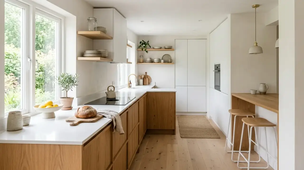 Organic modern kitchen lighting. Natural modern kitchen with sculptural but soft lighting.