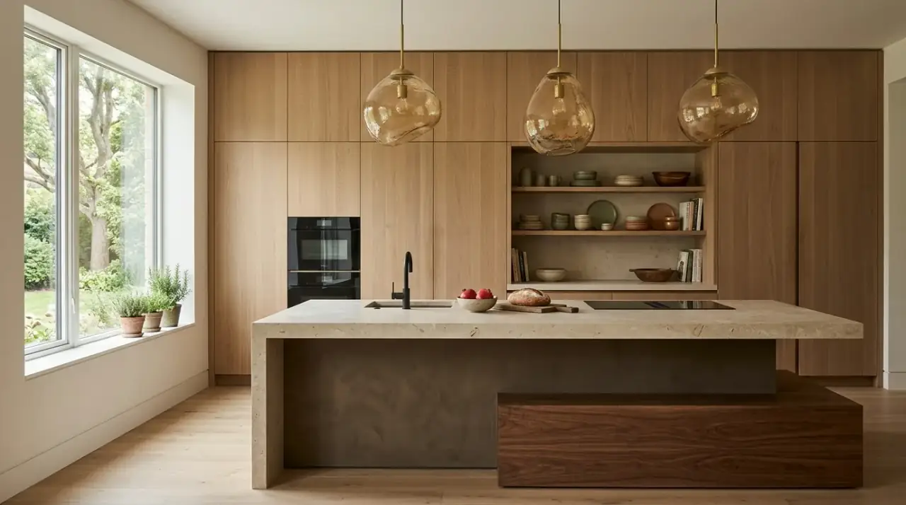 Unified organic modern kitchen. Calm earthy cookspace with a consistent organic modern palette.