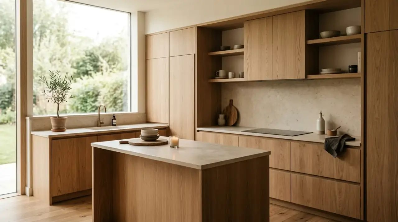 Organic modern kitchen overview. Natural organic modern kitchen design for a calm earthy cookspace.