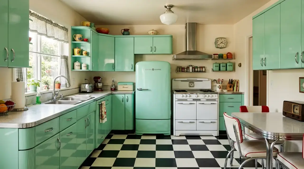 Nostalgic 1950s kitchen with retro revival color, chrome, and playful vintage styling.