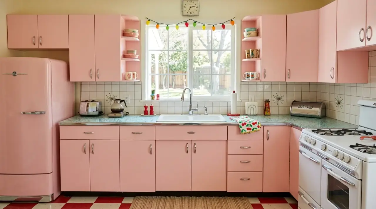 Checkerboard 1950s kitchen floor. Nostalgic 1950s kitchen with classic checkerboard flooring.