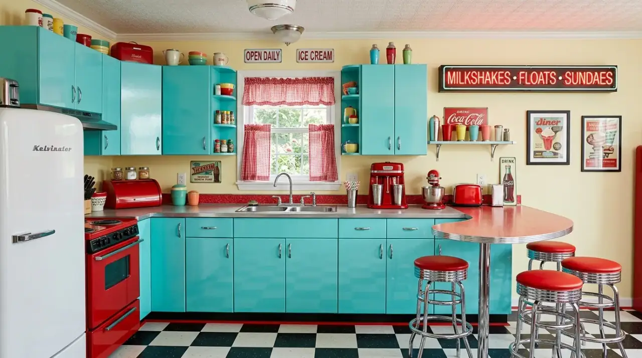Chrome accents 1950s kitchen. Retro revival kitchen with polished chrome details and hardware.