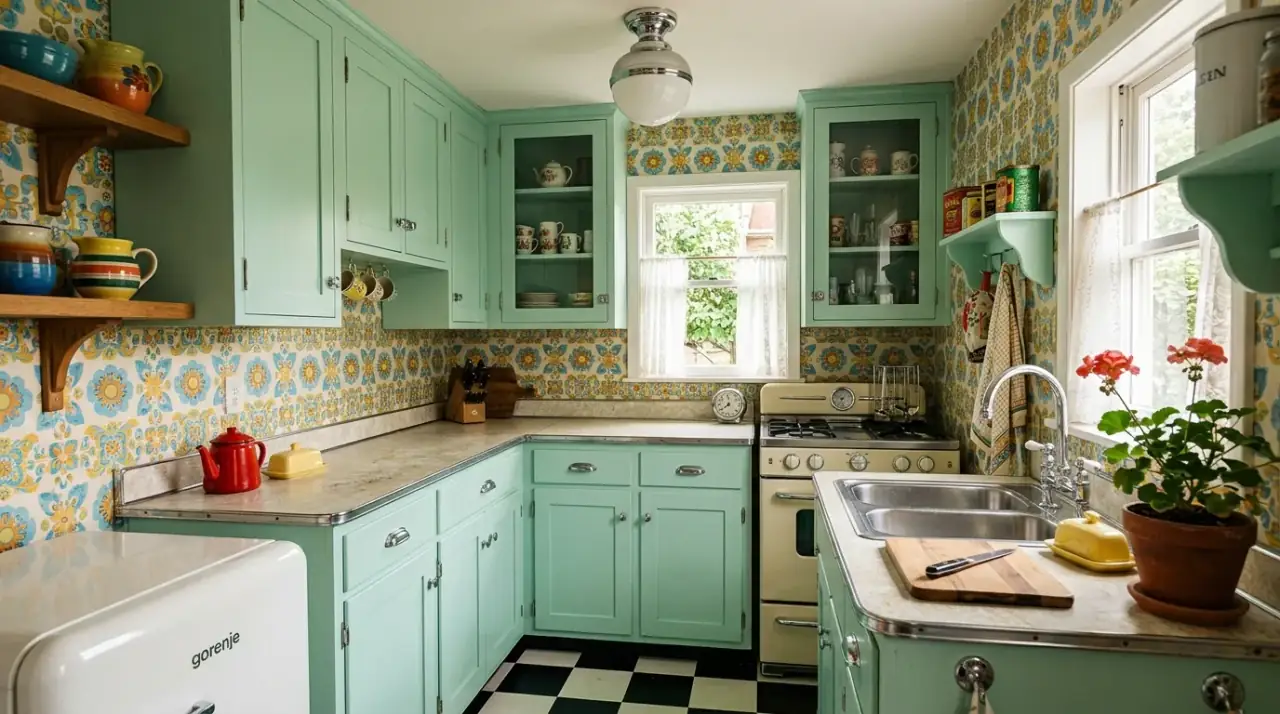 Rounded forms retro kitchen. 1950s style kitchen with soft rounded vintage shapes.