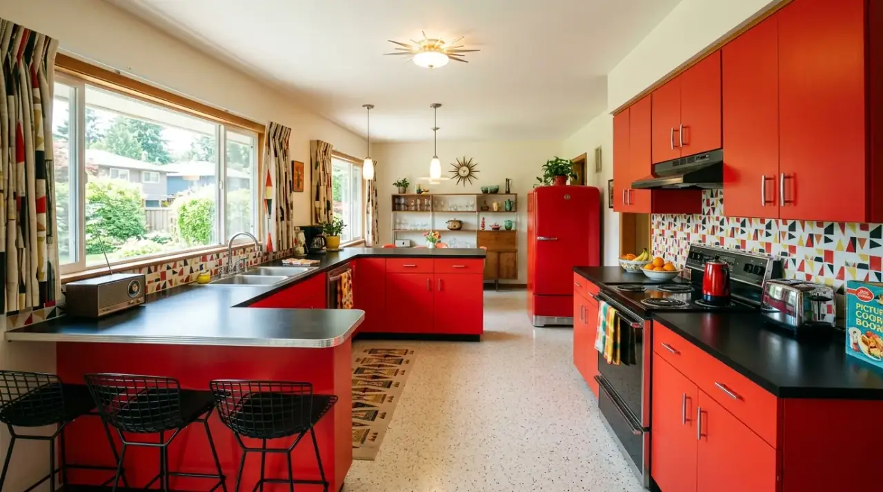 White counters in retro kitchen. Nostalgic kitchen with colorful 1950s elements and crisp white counters.
