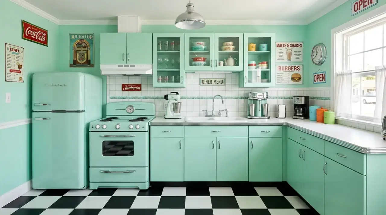 Retro kitchen table set. 1950s revival kitchen with a vintage style dining table and chairs.