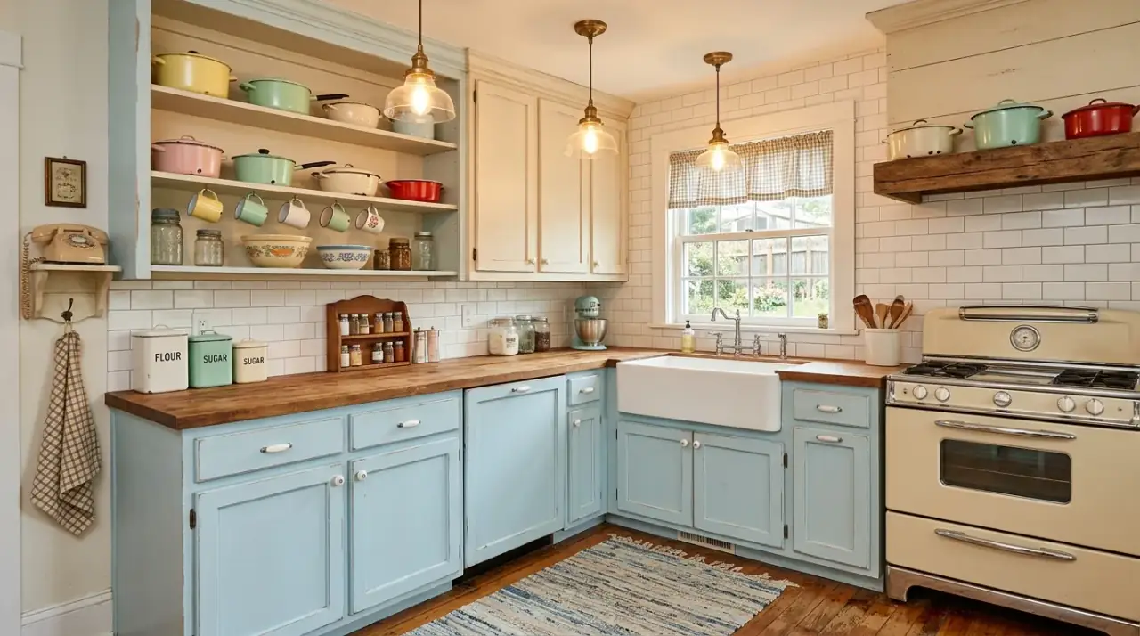 Glossy 1950s kitchen surfaces. Retro revival kitchen using glossy finishes for 1950s energy.
